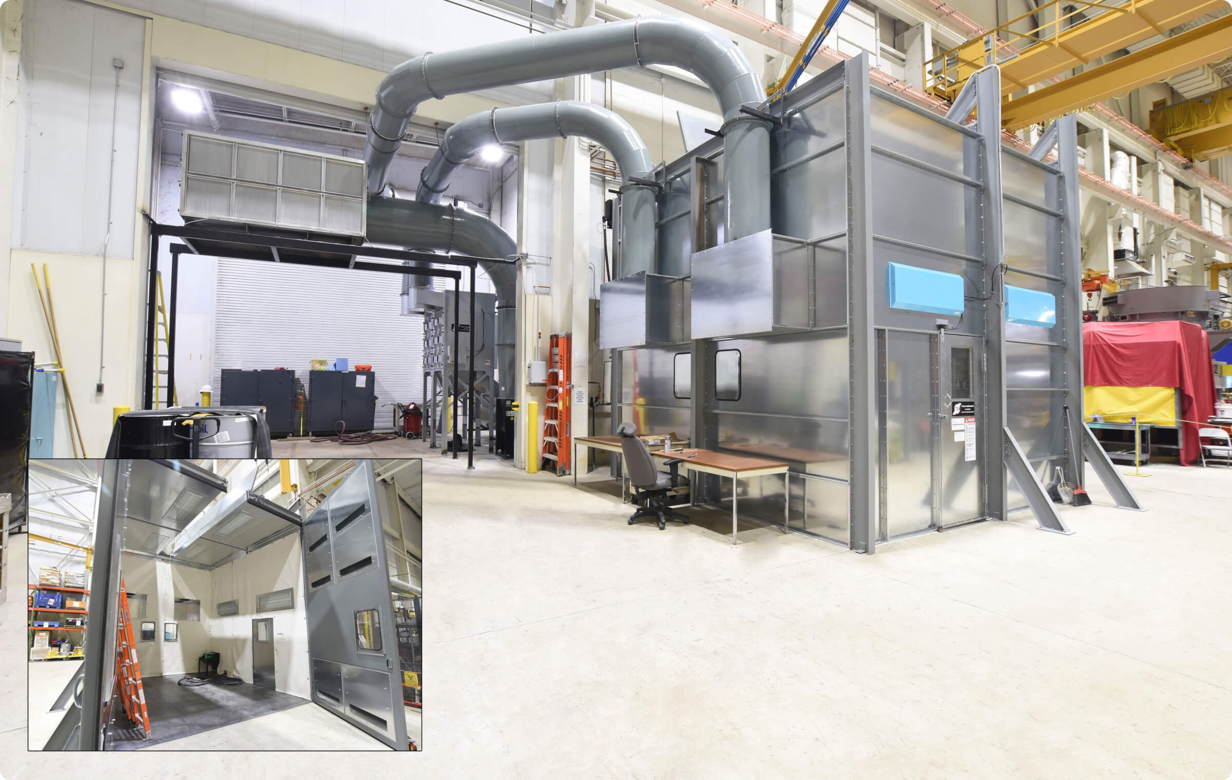 Titan Abrasive custom blast room with Shovel-in Hopper, 14,000 cfm Dust Collector, and Overhead crane access.